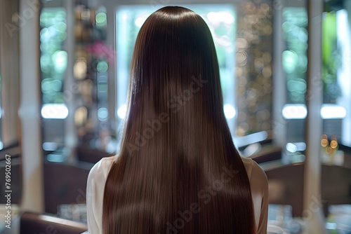 Model showcasing shiny, straight, long hair post-Keratin treatment at a spa. Concept Hair transformation, Keratin treatment, Spa experience, Lifestyle photography, Beautiful hair