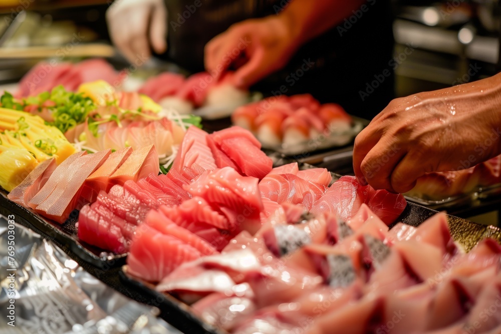 Obraz premium preparing a sashimi platter with raw fish
