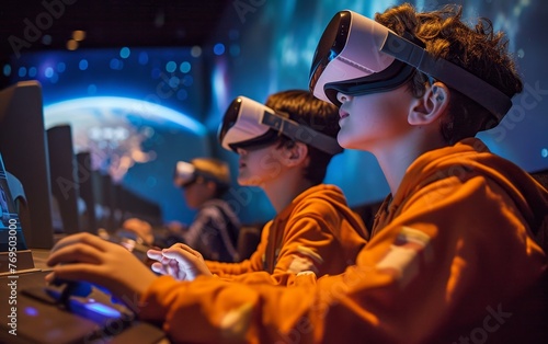 Children at a space camp experience the universe through virtual reality, engaging with celestial wonders. photo