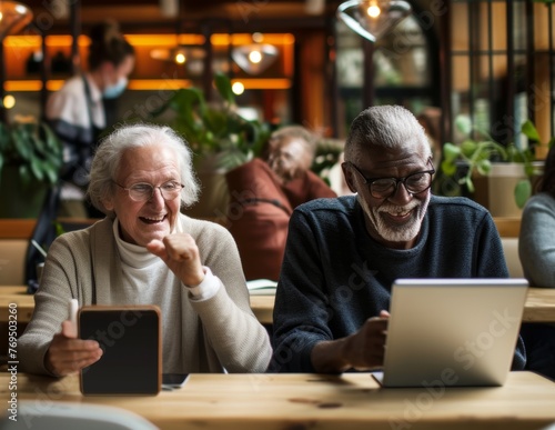Elderly couple enjoying technology together  sharing a light-hearted moment in a cozy cafe.