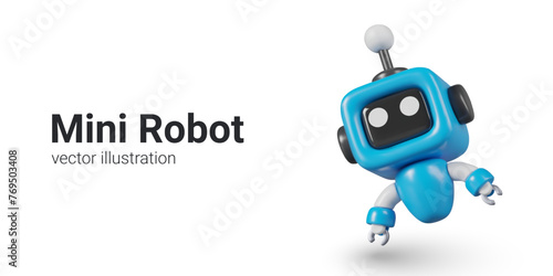 Blue mini robot in cartoon style. Mini cyborg with manipulators, antenna and screen