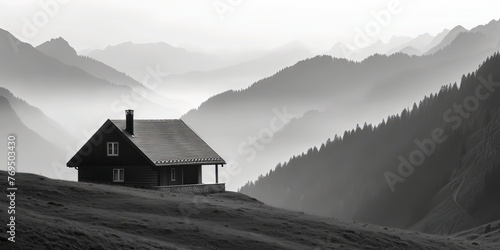 Image of a black and white minimalist tiny house nestled in the serene mountains, Generative ai.