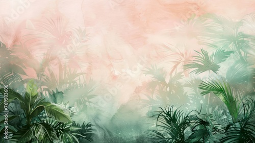 Watercolor painting featuring a vibrant tropical scene with lush palm trees in shades of peach and green  background  wallpaper  copy space  card