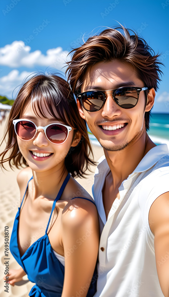 Happy young and cute Asian tourists woman and man in sunglasses on blue sky background going to travel on holiday. Tourism, travel, beach vacation. 青い空を背景にサングラスをかけた幸せな若くてかわいいアジアの観光客女性と男性が休日に旅行に行く。 Happy young and cute Asian tourists woman and man in sunglasses on blue sky background going to travel on holiday. Tourism, travel, beach vacation. 青い空を背景にサングラスをかけた幸せな若くてかわいいアジアの観光客女性と男性が休日に旅行に行く。