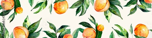 Artistic backdrop featuring watercolor peaches with lush green leaves, background, wallpaper, banner photo