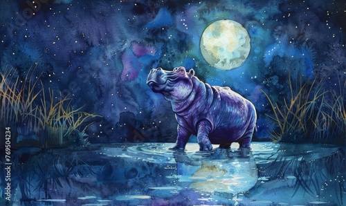 Watercolor painting of a hippopotamus, or hippo for short. Hippos are animals that like to live in water more than on land.
