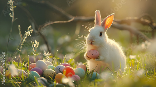 white rabbit holding eggs The scene takes place in a grass field with many eggs scattered everywhere. Rabbit enjoying eggs Heater day concept