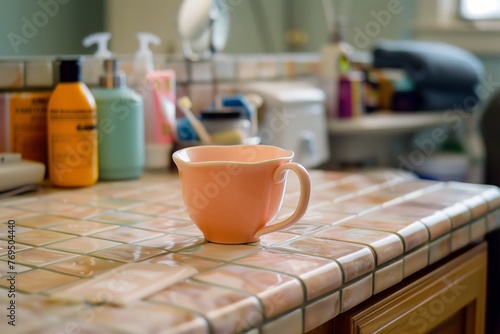 tea cup resting on a tiled bathroom counter with toiletries around
