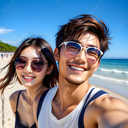Happy young and cute Asian tourists woman and man in sunglasses on blue sky background going to travel on holiday. Tourism, travel, beach vacation. 青い空を背景にサングラスをかけた幸せな若くてかわいいアジアの観光客女性と男性が休日に旅行に行く。 #769504493