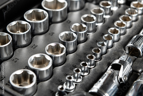 Socket wrench set in black case closeup © Antonio