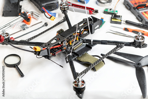 Drone assembly, electronic components in the workshop