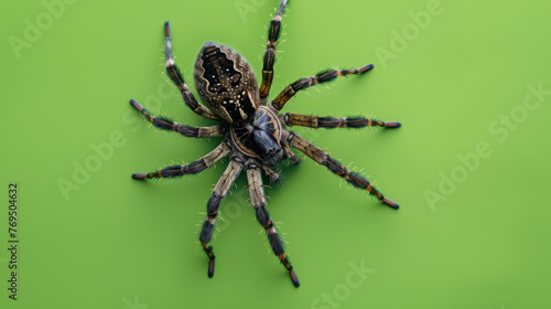 Funnel-web spider on a green background. Dangerous insect.