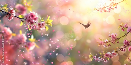 A beautiful  sun-drenched spring summer flowers. Natural colorful panoramic landscape with many wild flowers against blue sky. A frame with soft selective focus.