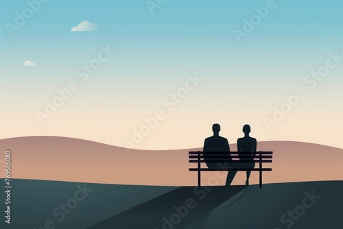 Amidst a minimalist landscape of rolling hills and open sky, a couple enjoys a quiet moment together, sitting on a simple bench.