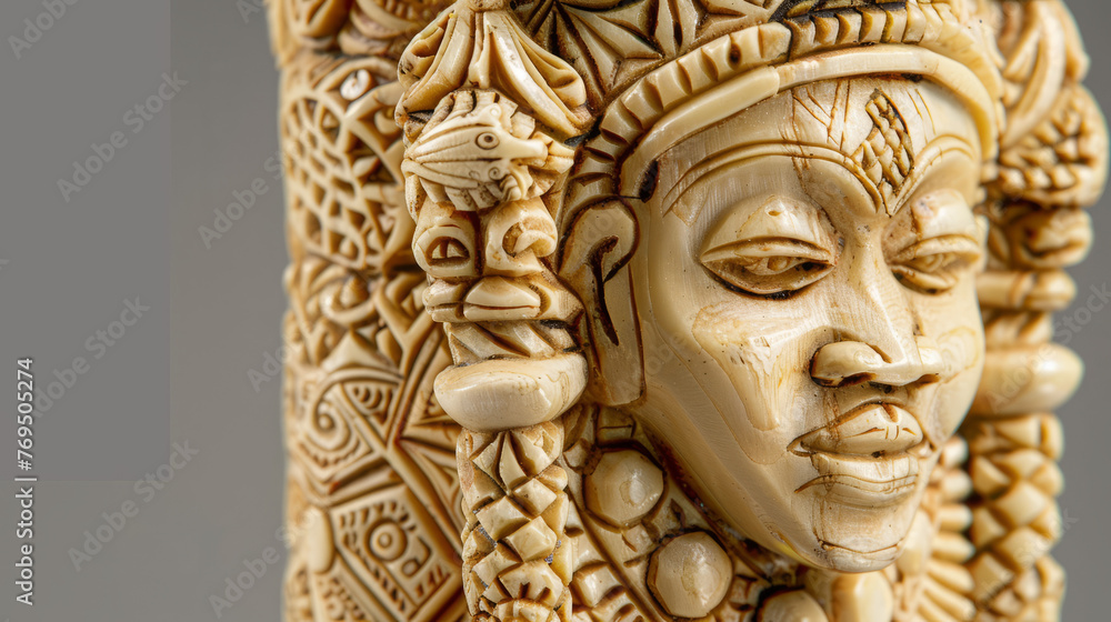 This close-up image showcases the fine detail and craftsmanship of an African ivory carving, with a focus on facial features