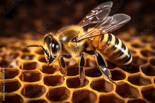 Bees working inside the hive on honeycombs. © DK_2020