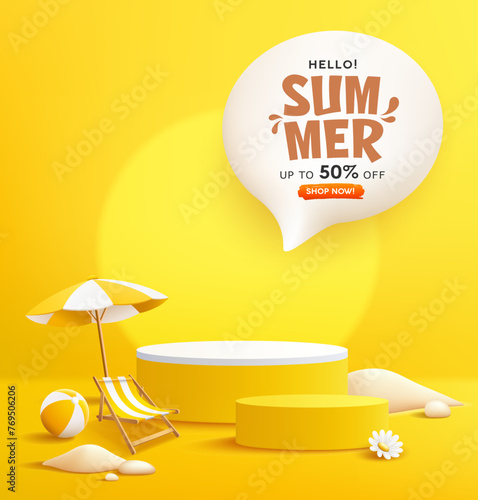 Summer yellow podium sale, beach umbrella and beach reclining chair, pile of sand, poster design on yellow background. EPS 10 Vector illustration 