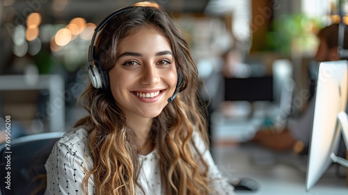 Inside a dynamic call center, a happy female telemarketer sits at her desk, headset on, as she efficiently handles sales calls and assists with customer inquiries, real photo, business environment