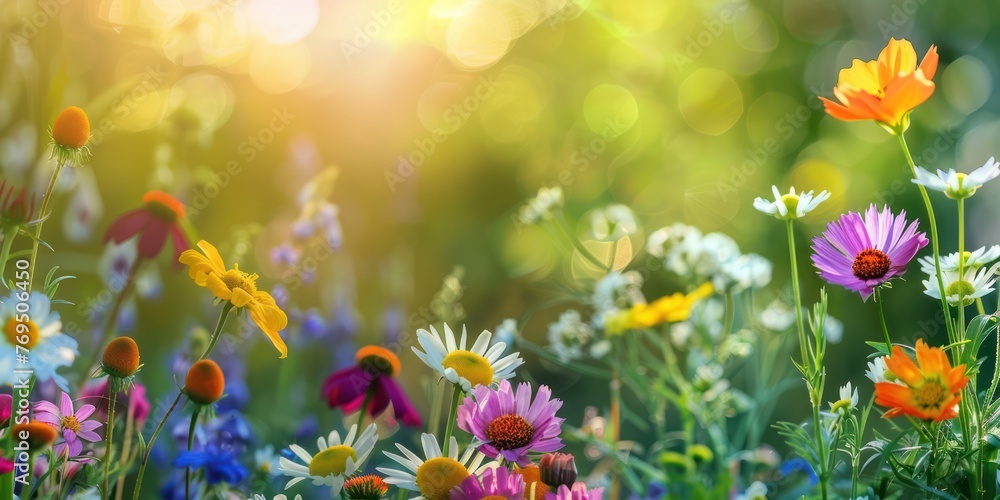 A beautiful, sun-drenched spring summer flowers. Natural colorful panoramic landscape with many wild flowers against blue sky. A frame with soft selective focus.
