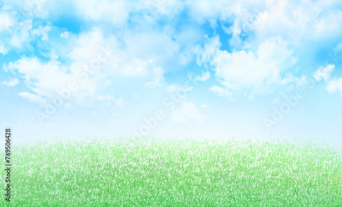 芝生と青空の風景 水彩画 背景素材 グラウンド 広場 サッカー場 原っぱ ピクニック ハイキング 遠足 夏 初夏 晴れ のどか さわやか シンプル イメージ 横長