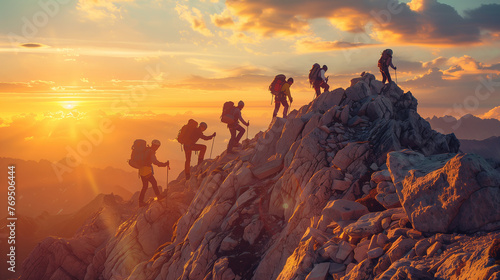 Group of hikers is helping each other ascend a rocky mountain peak against the backdrop of a stunning sunrise