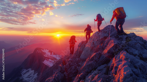 Team of hikers is aiding one another as they ascend a rugged mountain summit amidst a breathtaking sunrise