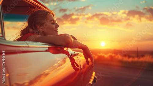 Young woman individual leaning out of a vintage red car, immersed in the embrace of a golden sunset