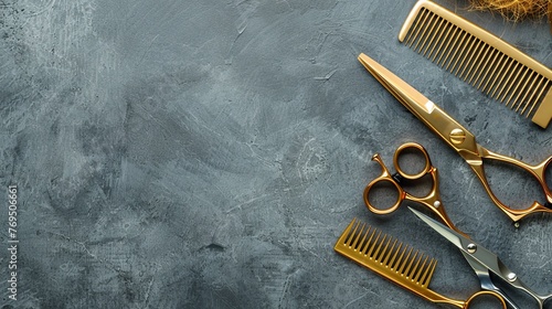 Gold hair styling tools against a gray concrete backdrop. Combs, scissors, and hair salon accessories in the corner, along with a copy area
