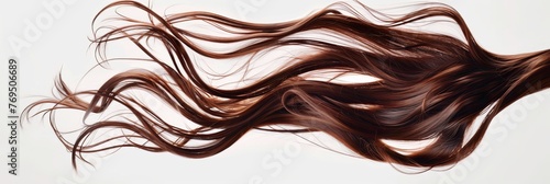 Long, straight wigs with a fly-fall explosion hairstyle. The wig hair of a brown woman floats in midair. Cloud throw wind blowing through a straight brown wig. Isolated a white background