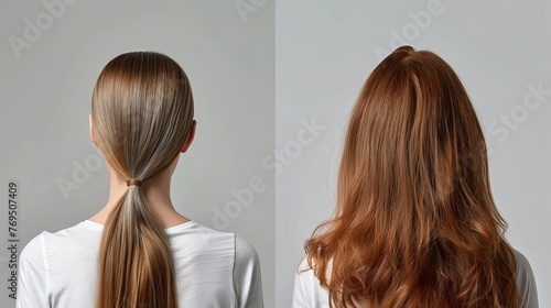 Woman's Hair on a Grey Background Before and After Hair Straightening