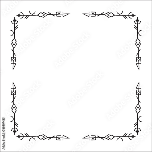 Elegant black and white ornamental frame with Viking runes, decorative border, corners for greeting cards, banners, business cards, invitations, menus. Isolated vector illustration.	