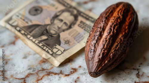 cocoa bean with money, cocoa bean prices rise concept