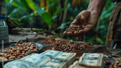 hand holding a handful of cocoa beans with money, cocoa bean prices rise concept 