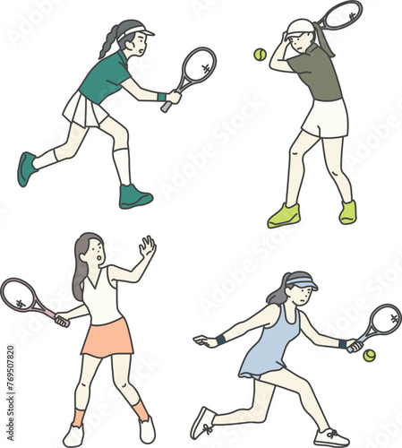 Illustration of a woman playing tennis in various positions © 정의 장