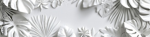 A plain white wall decorated with an abundance of white leaves creating a minimalist and clean aesthetic backdrop, background, wallpaper, banner, copy space photo