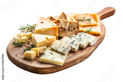 Wooden Cutting Board Covered With Various Cheeses