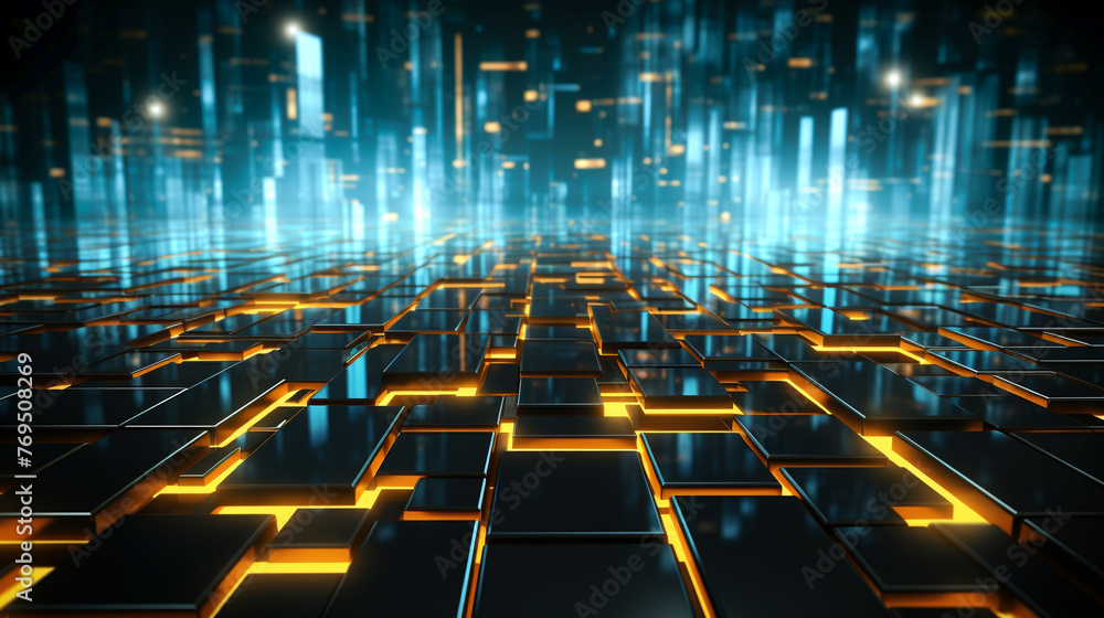 A cityscape made of blocks with a yellow glow A cityscape made of blocks with a yellow glow