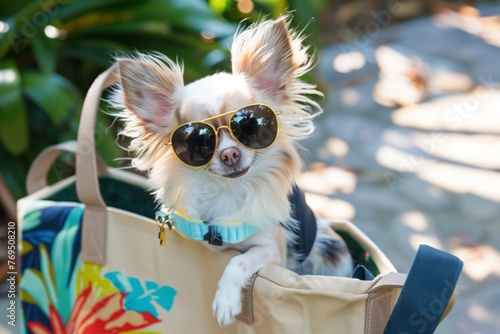 chihuahua in tiny sunglasses perched on a beach tote