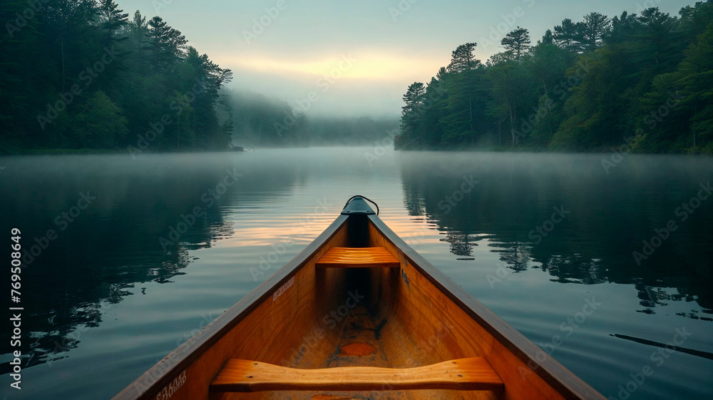 Canoe bow on a misty lake with forest backdrop, serene and tranquil morning.