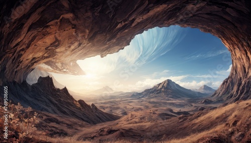 A panoramic view of a vast alien landscape with towering mountains, viewed from within a cavernous arch, under a sunset sky.