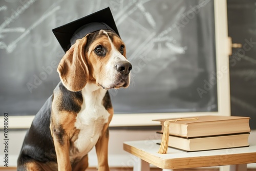 beagle with a mortarboard, sitting by a chalkboard