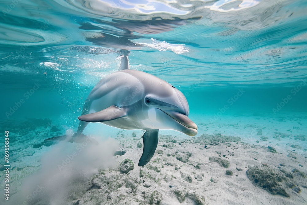 Naklejka premium underwater view of dolphin ascending towards surface