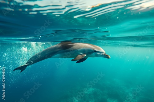 underwater view of dolphin ascending towards surface