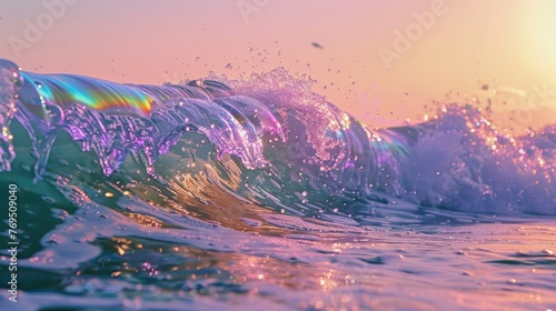 Fantastic mother-of-pearl sea waves. The waves shimmer in the sun with bright colors. Generative AI photo