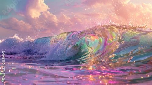 Fantastic mother-of-pearl sea waves. The waves shimmer in the sun with bright colors. Generative AI photo