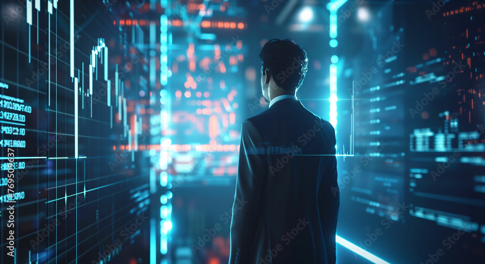 3D hologram of stock market charts. A businessman in a suit stands nearby and looks at the charts. 3D hologram of stock market charts. A businessman in a suit stands nearby and looks at the charts.