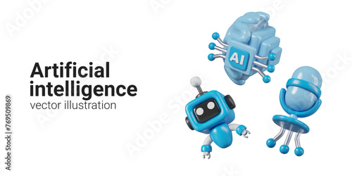 Set of illustrations on artificial intelligence theme. Funny robot, microphone, brain, processor