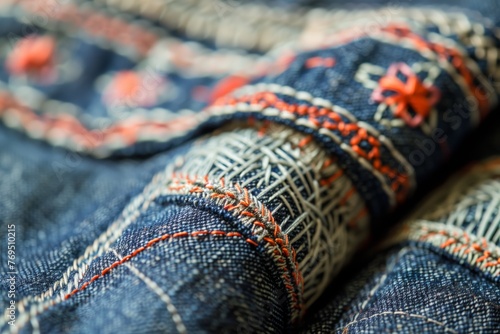 closeup of embroidered denim cuffs with intricate thread work