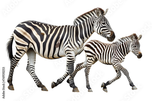 Two Zebra Walking Across a White Field