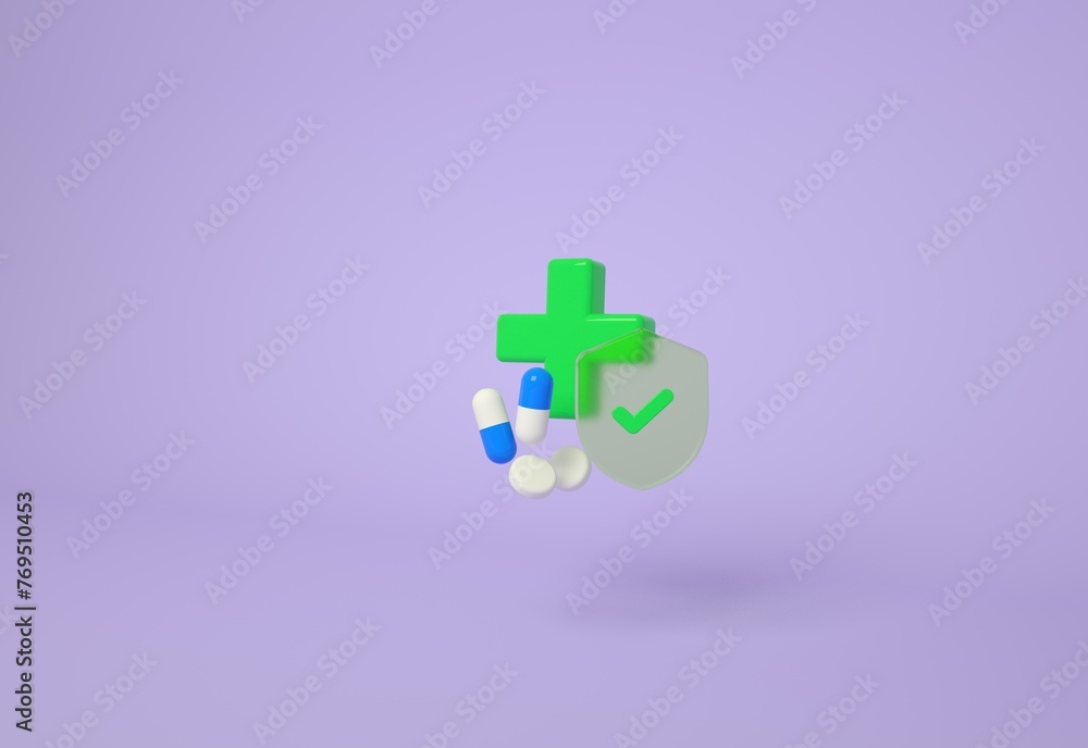 Obraz premium Health insurance icon concept. Life insurance, family health care protection. Heath examination record, medicine, shield icon on the purple background. Finance and medical service. 3D render